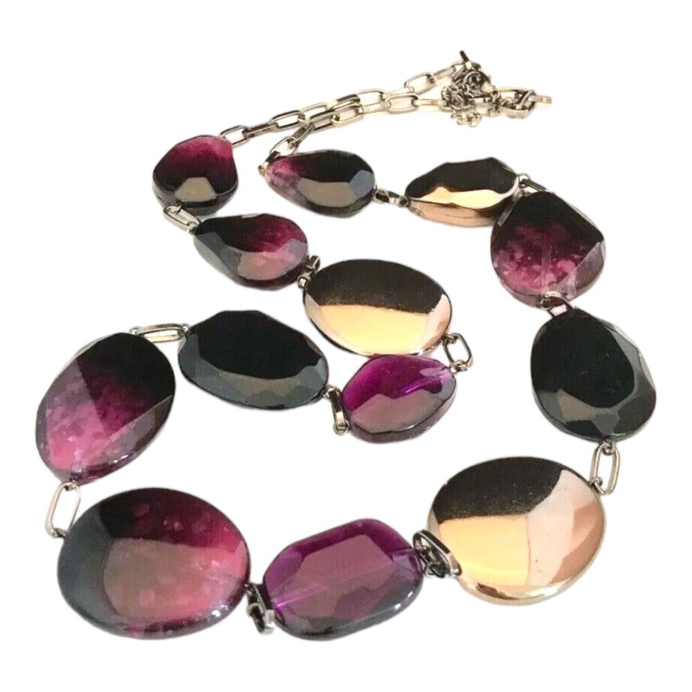 New Statement Necklace Purple Beads Hematite Tone Long - 2C
